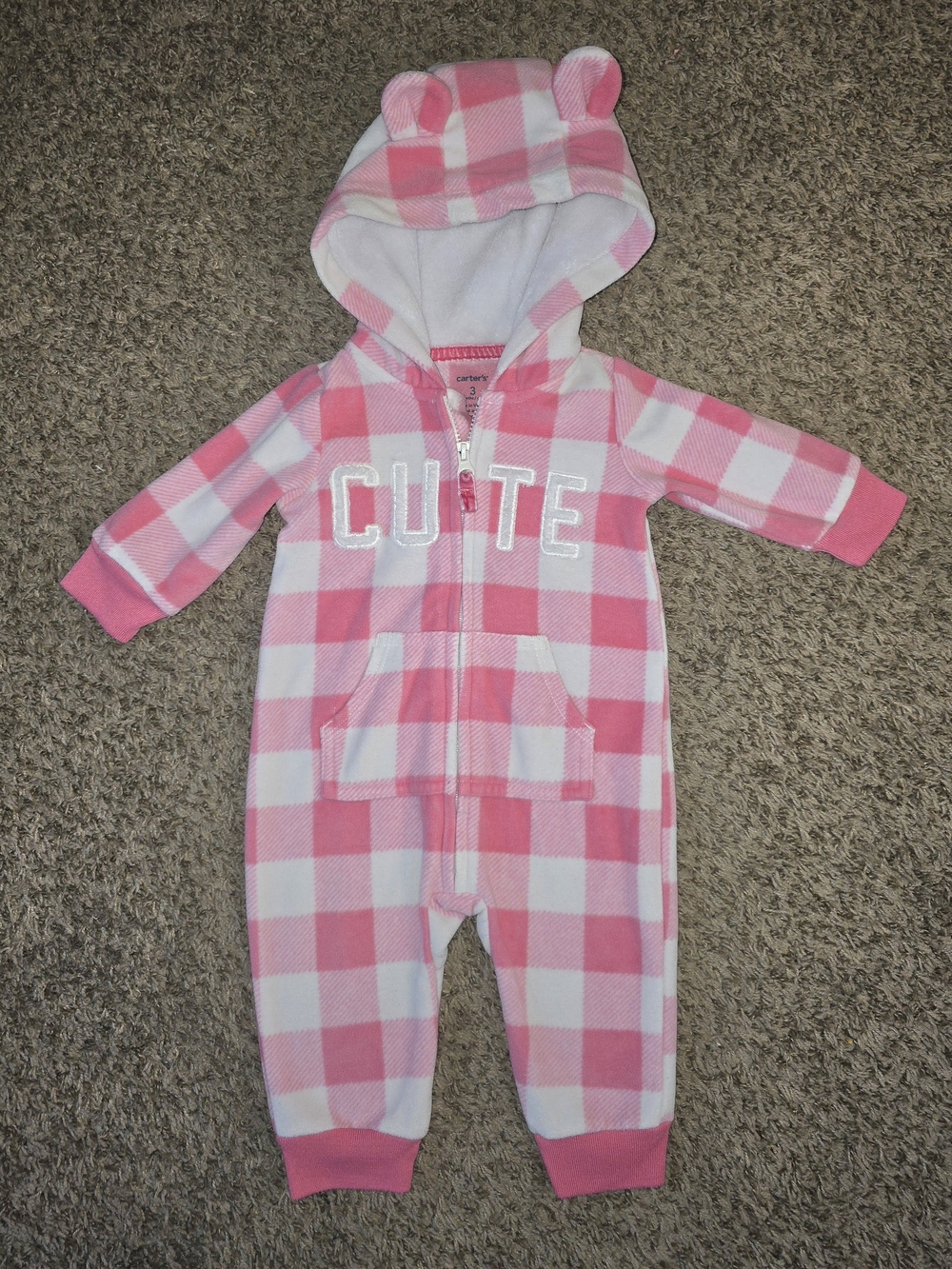 Carter's 3M Pink and White Plaid Hooded One-Piece with 'CUTE'